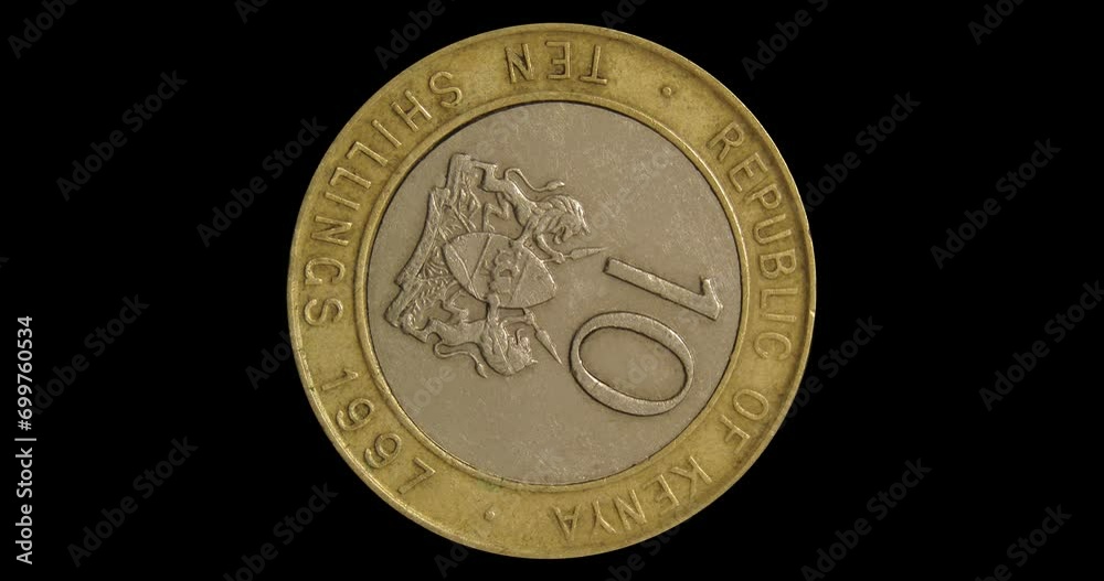Reverse of Kenya coin 10 shillings 1997, isolated in white background. Close up view. Reverse of Kenya coin 10 shillings 1997, isolated in white background. Close up view.