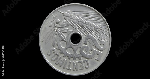 Reverse of Spain coin 25 centimos 1934, isolated in black background. 3d animation in 4k video. photo
