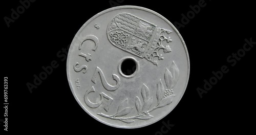 Reverse of Spain coin 25 centimos 1937, isolated in black background. 3d animation in 4k video. photo