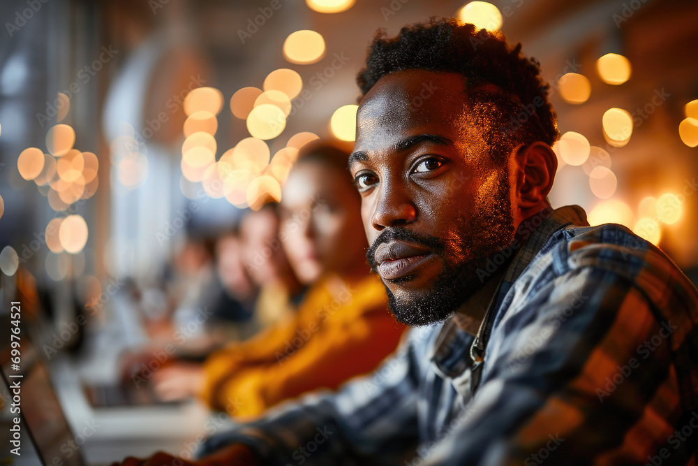 Young African American man using a laptop in a modern coworking space with warm ambient lighting. Young African American man using a laptop in a modern coworking space with warm ambient lighting.