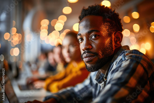 Young African American man using a laptop in a modern coworking space with warm ambient lighting.