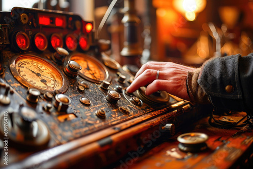 Close-up of a hand adjusting dials on a vintage control panel with gauges, conveying a sense of navigation and operation. photo