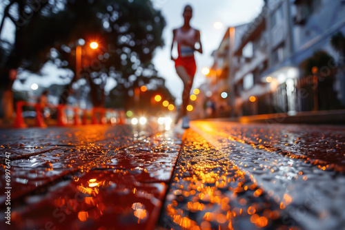 Silhouette of a runner in motion on a city street during sunset, reflecting a vibrant evening workout scene.