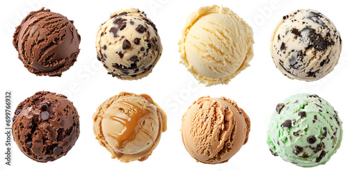 Ice cream scoops ball chocolate vanilla chocolate chip coffee  milk based dessert isolated background photo