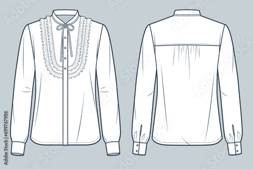 Tie Neck Shirt technical fashion Illustration. Ruffled Blouse fashion flat technical drawing template, cuffed long sleeve, button down, front and back view, white, women CAD mockup..