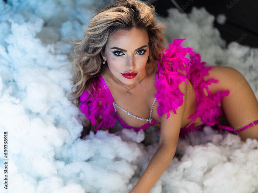 beautiful sexy blonde model in pink lingerie lies on a bed of clouds beautiful sexy blonde model in pink lingerie lies on a bed of clouds