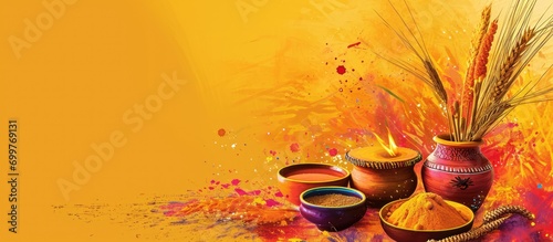 Happy Lohri celebration with festival elements like bonfire, dhol, wheat ear, and sweet bowls on a yellow background.