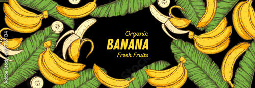 Ripe banana frame. Hand drawn vector illustration. Tropical fruit. Packaging design, menu design, juice packaging. Banana frame.