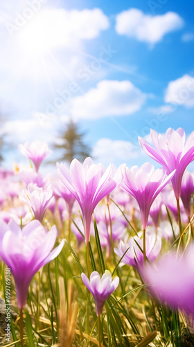 Natural spring or autumn background with delicate lilac crocus flowers on blue sky