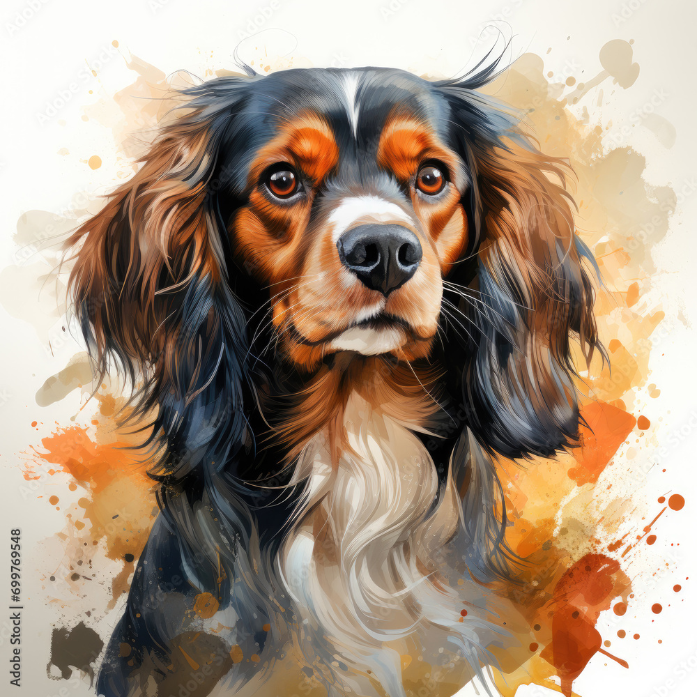 Naklejka premium watercolor Cavalier King Charles Spaniel clipart, Generative Ai
