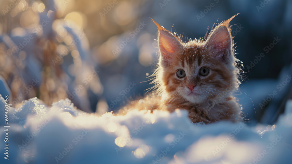 A homeless young cat that is sitting in the snow.Fur is pinkish-orange hue. The snow is harmful to cats.