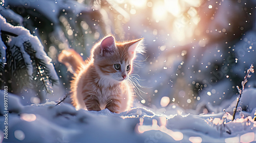 Young cat that is walking in the snow. #699770183