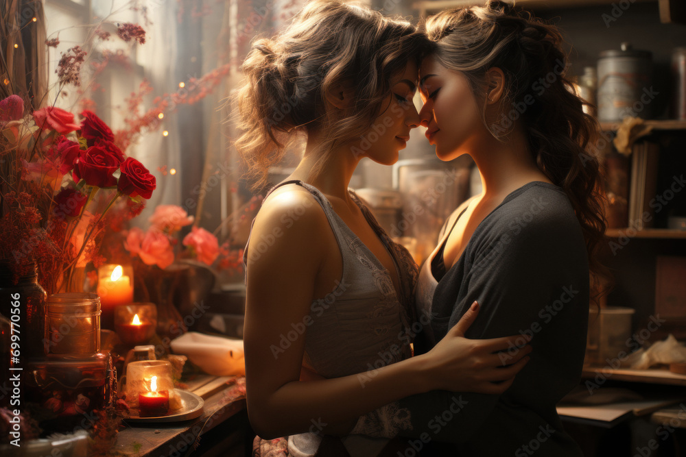 Young attractive caucasian lesbian female couple hugging at home Young attractive caucasian lesbian female couple hugging at home