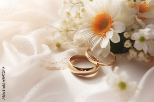 Concept of wedding accessories with wedding rings, close up