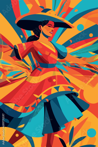 Elegant Colombian Woman Dancing at a Traditional Festival - Vector Poster