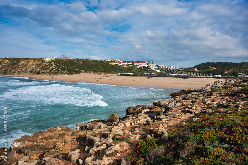 Foz do Lisandro beach in Ericeira, Portugal. Scenic view of the sandy beach, rocky formations, and the Atlantic Ocean. Perfect for travel and coastal themes. Foz do Lisandro beach in Ericeira, Portugal. Scenic view of the sandy beach, rocky formations, and the Atlantic Ocean. Perfect for travel and coastal themes.