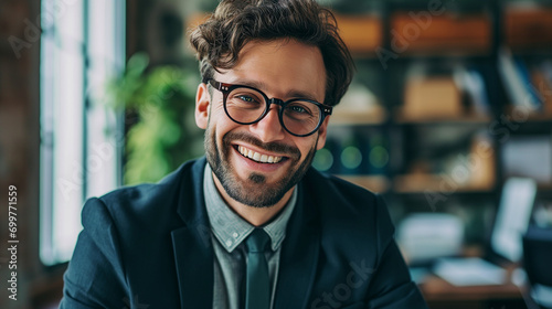 Portrait of a confident business man in the office. A young man in a business suit and glasses looks at the camera and smiles