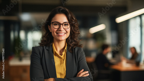 Portrait of a confident business woman in the office. Young woman in a business suit and glasses looks at the camera and smiles