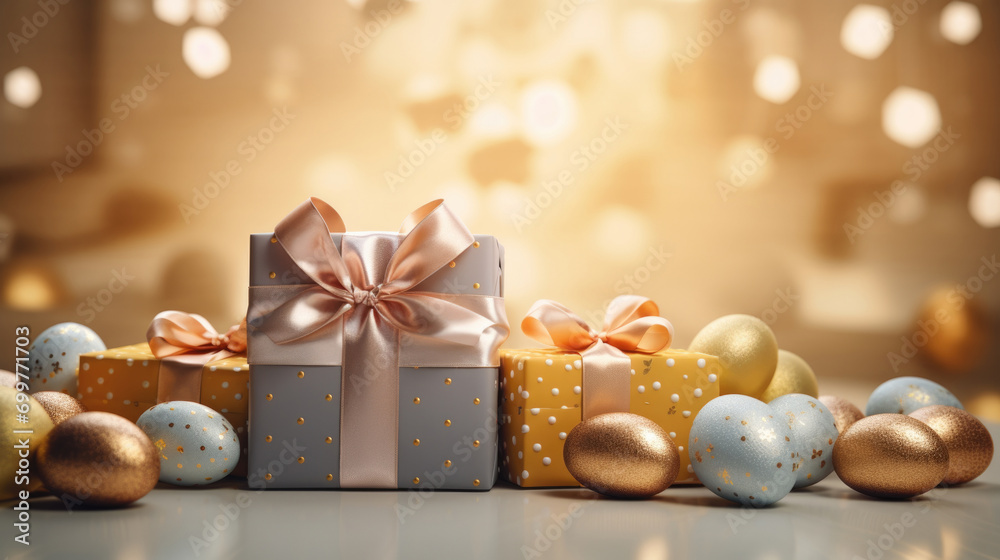 Pastel and golden colors presents and Easter eggs, springtime background Pastel and golden colors presents and Easter eggs, springtime background