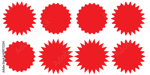 Set of vector starburst, sunburst badges. Nine different color. Simple flat style Vintage labels. Design elements. red Colored stickers photo