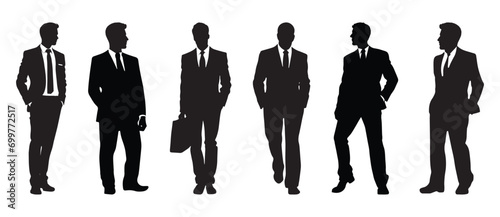 Businessman in a suit walking with a hand in his pocket, Businessman side Profile vector silhouette set isolated on white background.