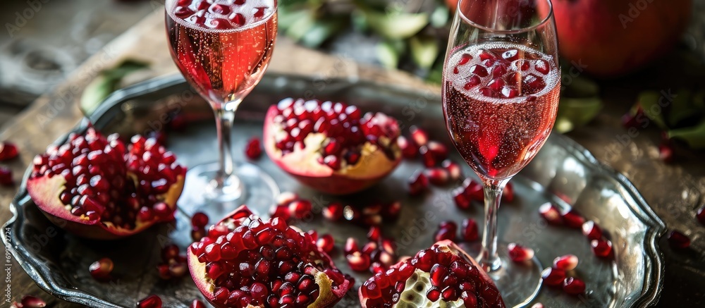 Pomegranate seeds on tray with champagne flutes.