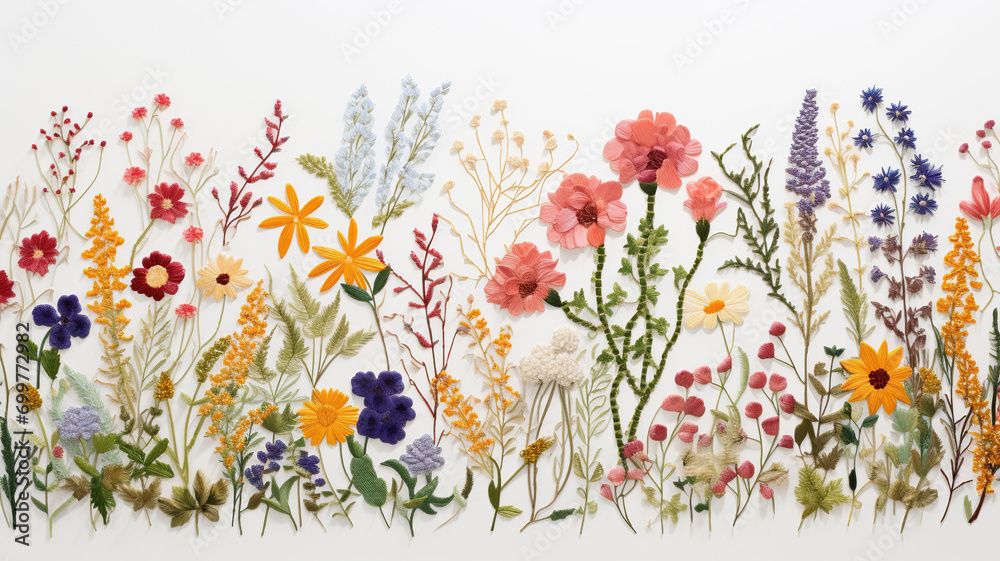 Colorful embroidered flowers on white background, hand stitched botanical art