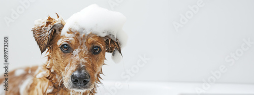 happy broan wet dog taking bath with soap foam on his head . white background. copy space	