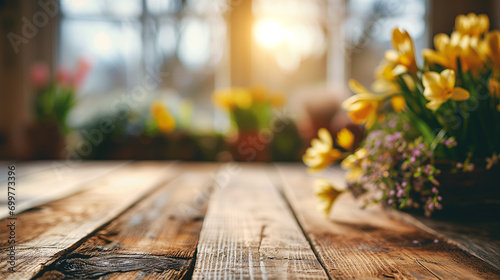 empty wooden table with blurred background. Easter setting