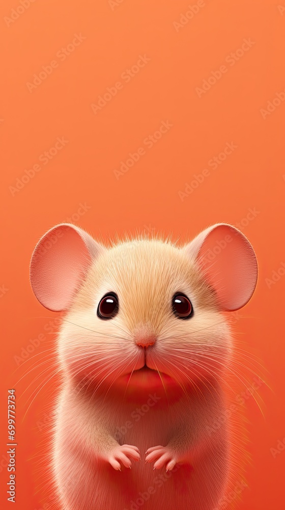 Cute mouse isolated on orange plain background.