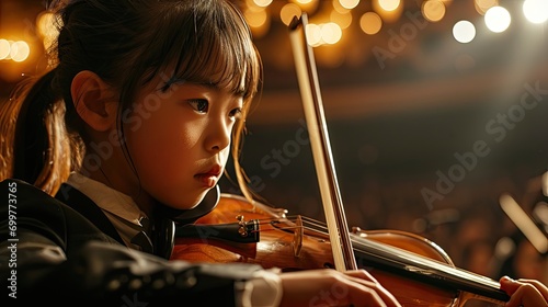 Asian girl playing violin in the auditory photo