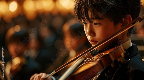 Asian boy playing violin in the auditory photo