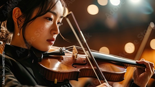 Asian young woman playing violin in the auditory photo