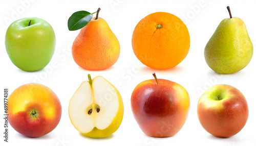 Apfel, Birne, Orange Collection isoliert auf weißen Hintergrund, Freisteller