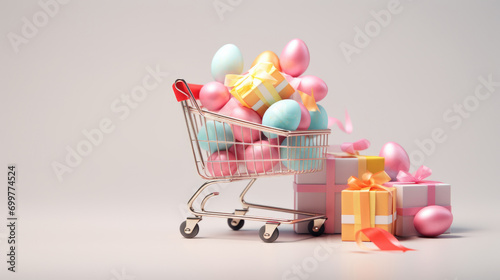 Shopping cart filled with pastel Easter eggs, gifts, festive bokeh background