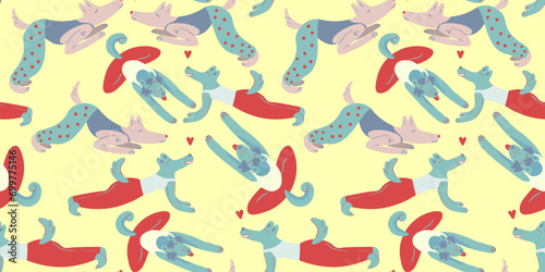 seamless pattern with dogs in vector. characters in flat style. Template for wrapping, wallpaper, background for app website. A series of furry dogs
