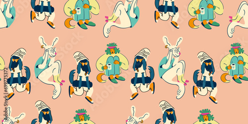 seamless pattern with dogs in vector. characters in flat style. Template for wrapping, wallpaper, background for app website. A series of furry dogs