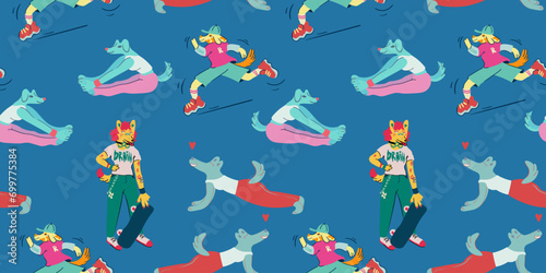 seamless pattern with dogs in vector. characters in flat style. Template for wrapping, wallpaper, background for app website. A series of furry dogs