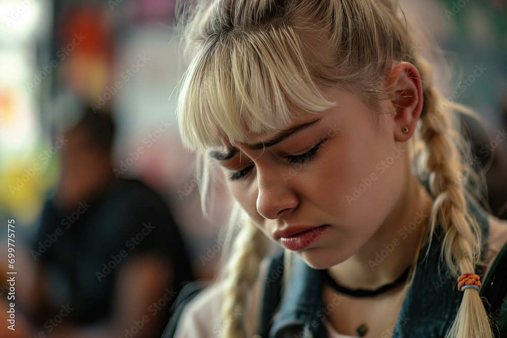 Student depression - sad blonde teenage school girl in classroom crying with copy space Student depression - sad blonde teenage school girl in classroom crying with copy space