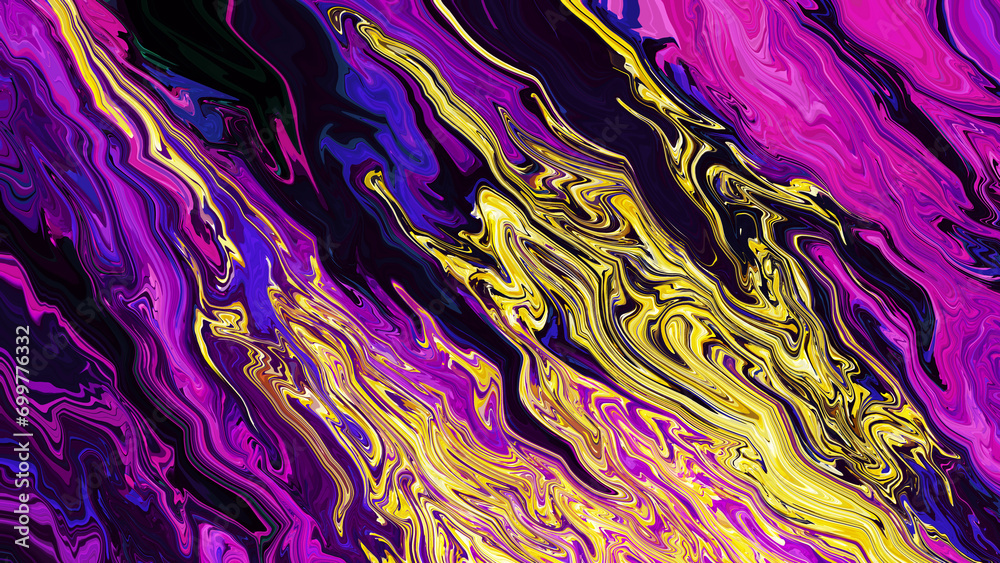 Bright fluid violet, black neon yellow blue golden color background. Abstract liquid purple pink wave. Art trippy digital  Backdrop. Royal glitter banner. Template. Luxury texture. Creative poster.