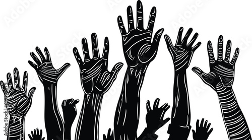Raised Hands Uniting in Support, line art vector, Hand-Drawn Illustration for National Breast Cancer Awareness Month, Healthcare Awareness, multitude hands raised, many people, hands, cancer,  photo