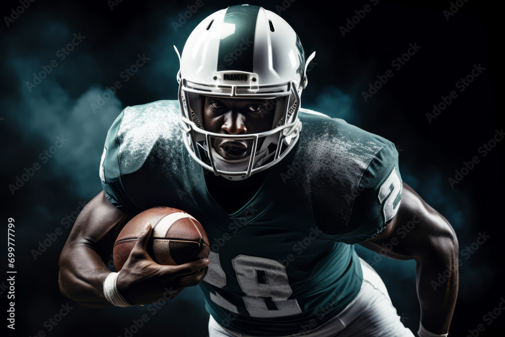 Portrait of American football player running with the ball. Muscular African American athlete in a green and white uniform with an ovoid ball in a dynamic pose. Isolated on black background.