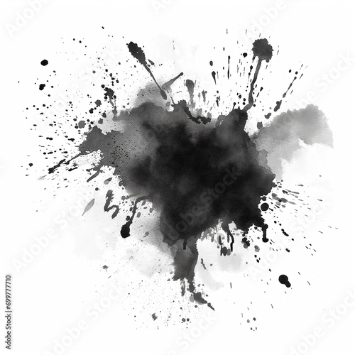 Black ink splatter, paint brush blob, white background, watercolor, ink blot, ink splash photo