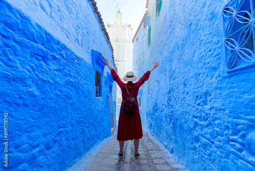 Chefchaouen town in Morocco, known as the Blue Pearl, famous for its striking blue color painted medina buildings and streets, creating a unique and magical atmosphere. © minoandriani