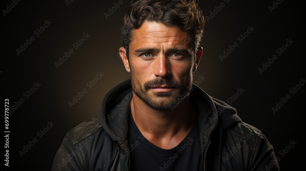 Portrait of good-looking and attractive man looking at the camera and wearing black clothes. Handsome Caucasian guy with light green eyes on dark background with copy space. Attractive male model