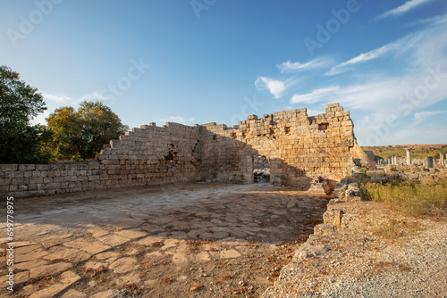 Scenic ruins of the nymphaeum  nymphaion  in Perge  Perga  at Antalya Province  Turkey. Awesome view of the ancient Greek city. Perge is a popular tourist destination in Turkey.