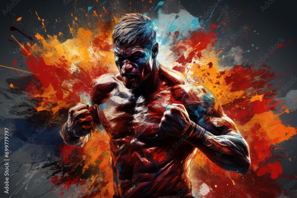 Muscular athlete boxer in fighting stance against a backdrop of vibrant paint splashes - obrazy, fototapety, plakaty 