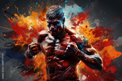 Muscular athlete boxer in fighting stance against a backdrop of vibrant paint splashes photo