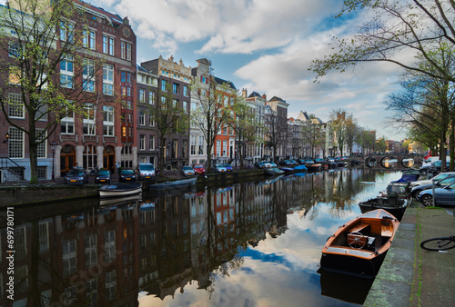 Photography Facades of dutch houses over canal with mirror reflections, Amstardam, Netherlan