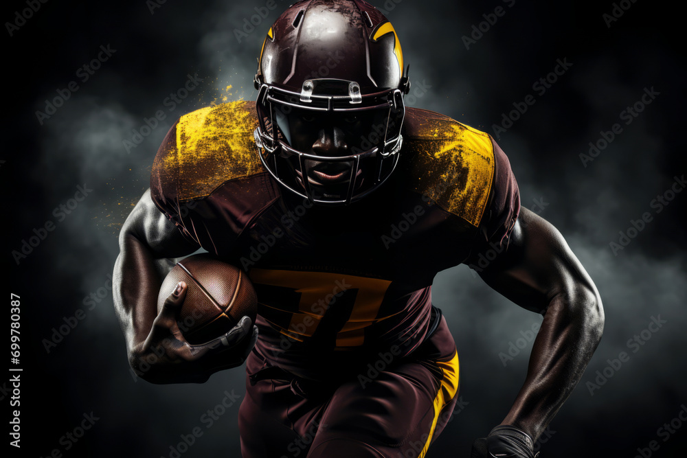 Portrait of American football player running with the ball. Muscular African American athlete in a burgundy and yellow uniform with an ovoid ball in a dynamic pose. Isolated on black background.
